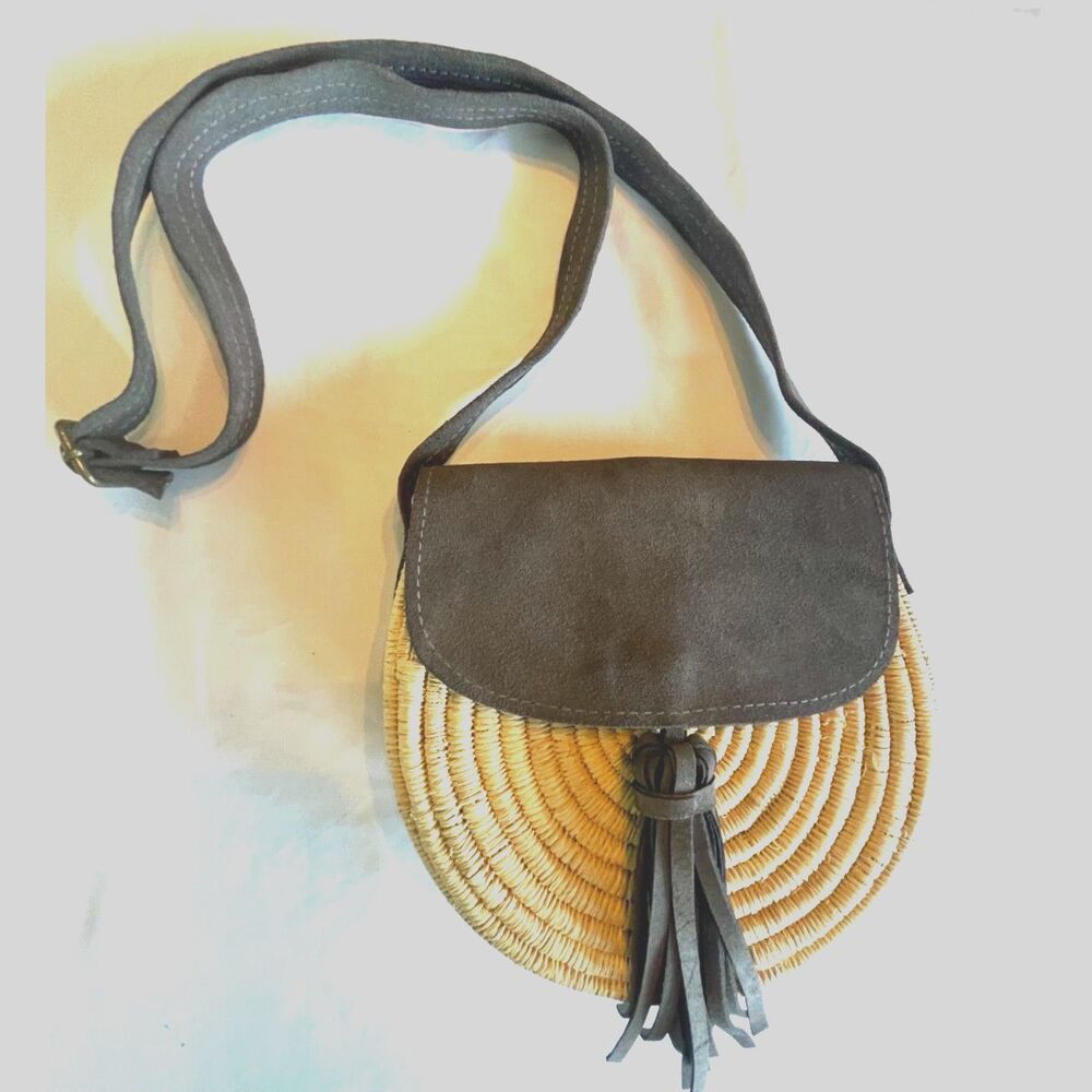 Handmade Raffia Rattan & Leather Moroccan Tassel Crossbody Banjo Shoulder Bag